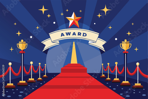 Celebration of achievement at a glamorous award ceremony with a red carpet and decorative backdrop