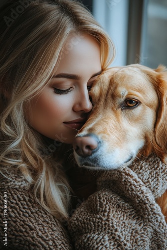 Warm embrace shared between a young woman and her golden retriever in a cozy ...