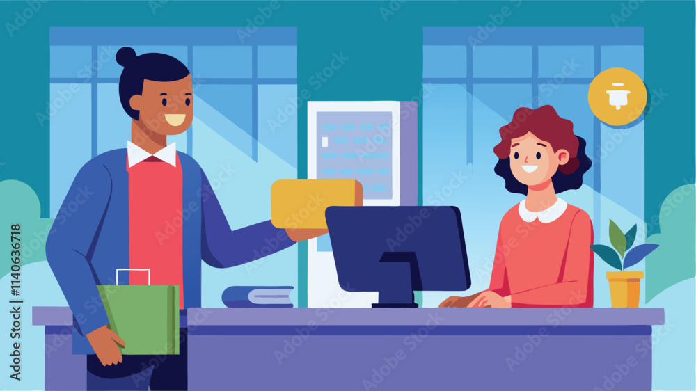 Customer interaction at a retail counter with a friendly staff member assisting a shopper in a modern environment Customer interaction at a retail counter with a friendly staff member assisting a shopper in a modern environment