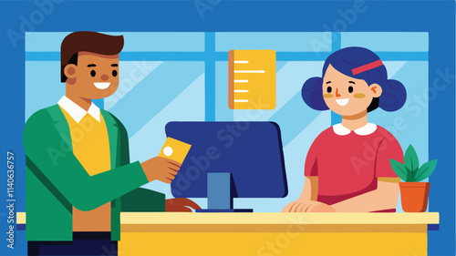 Customer interaction at a retail counter with a friendly staff member assisting a shopper in a modern environment
