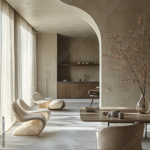 An elegant and serene modern minimalist living space with flowing designs and natural elements creating a warm and inviting atmosphere bathed in soft natural light.