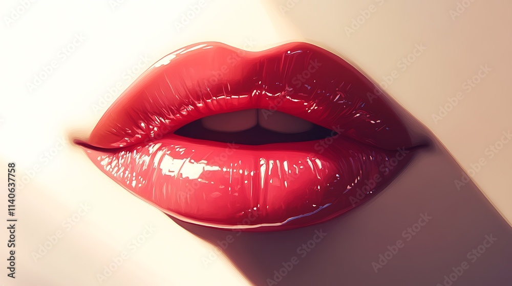 Fototapeta premium Realistic close-up of lips in a dusty rose hue, soft gloss catching gentle highlights, shadows creating depth and contrast, sharp focus with a blurred creamy background,