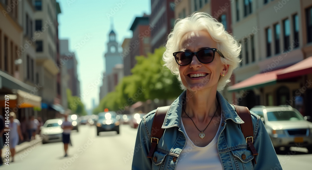 An elderly woman smiles and walks along a city street An elderly woman smiles and walks along a city street