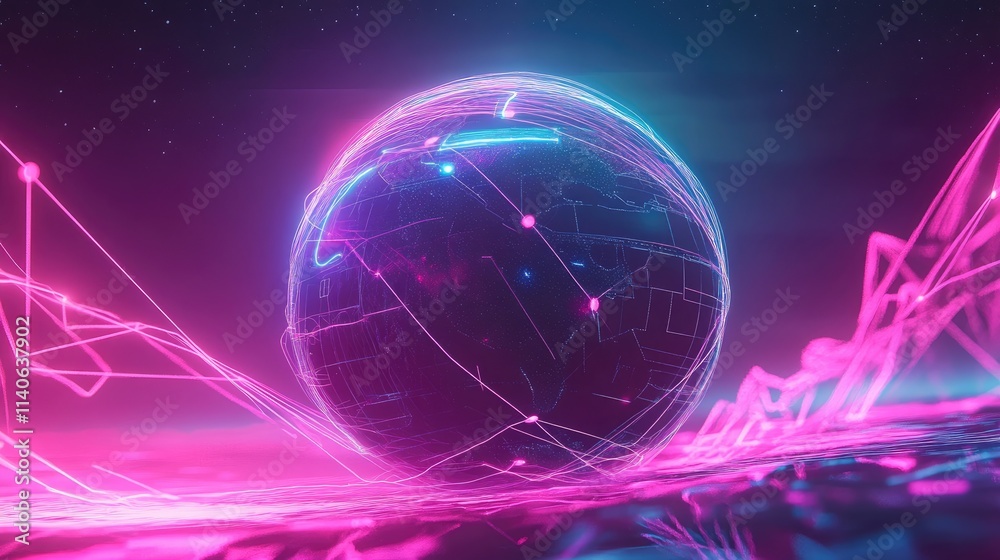 A futuristic representation of global connections, a globe surrounded by spinning holographic data points, sci-fi, high resolution, vibrant tones A futuristic representation of global connections, a globe surrounded by spinning holographic data points, sci-fi, high resolution, vibrant tones