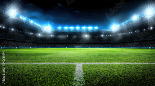 Dramatic night soccer match packed stadium intense atmosphere vibrant green field bright floodlights exciting game sporting event soccer field stadium lights night game