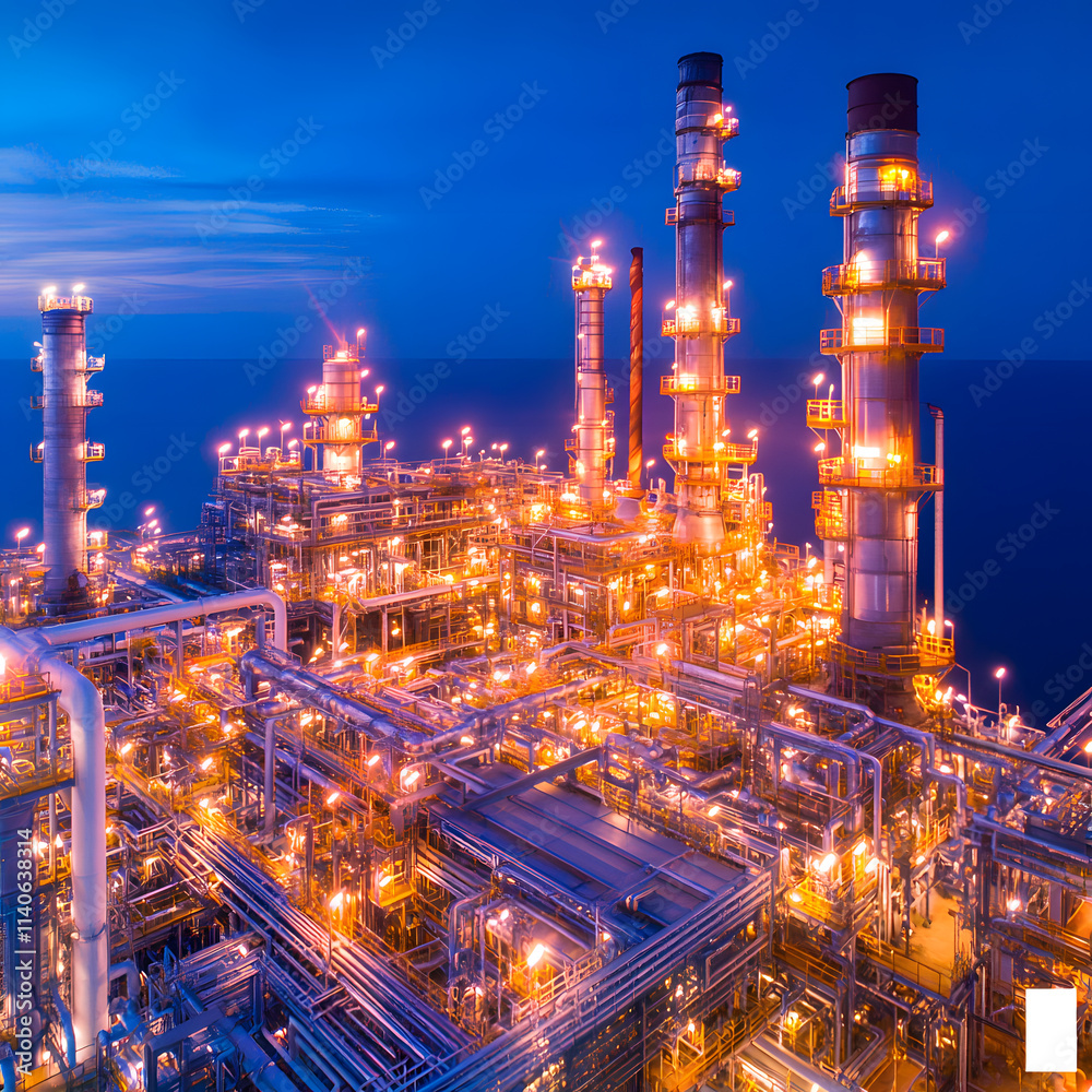 Fototapeta premium Industrial oil refinery complex at night vibrant lights aerial view modern technology energy production