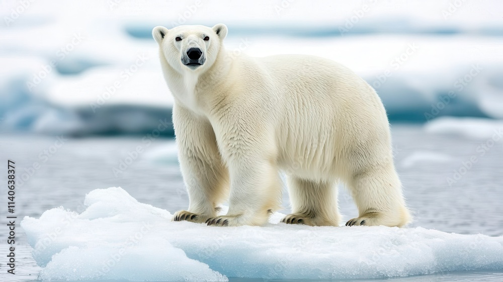 Fototapeta premium A majestic polar bear stands on an ice floe, showcasing its thick white fur against the icy backdrop of its Arctic habitat.
