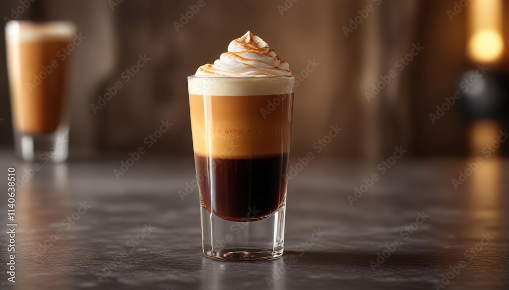 Espresso shot in a tall glass with creamy caramel-colored foam on top, espresso, brown color, coffee drink Espresso shot in a tall glass with creamy caramel-colored foam on top, espresso, brown color, coffee drink