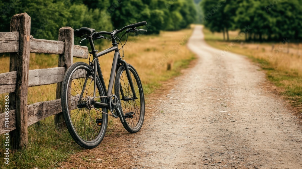 Path of beginning and start exploration, A scenic gravel path lined with trees, featuring a parked bicycle beside a rustic wooden fence. Path of beginning and start exploration, A scenic gravel path lined with trees, featuring a parked bicycle beside a rustic wooden fence.