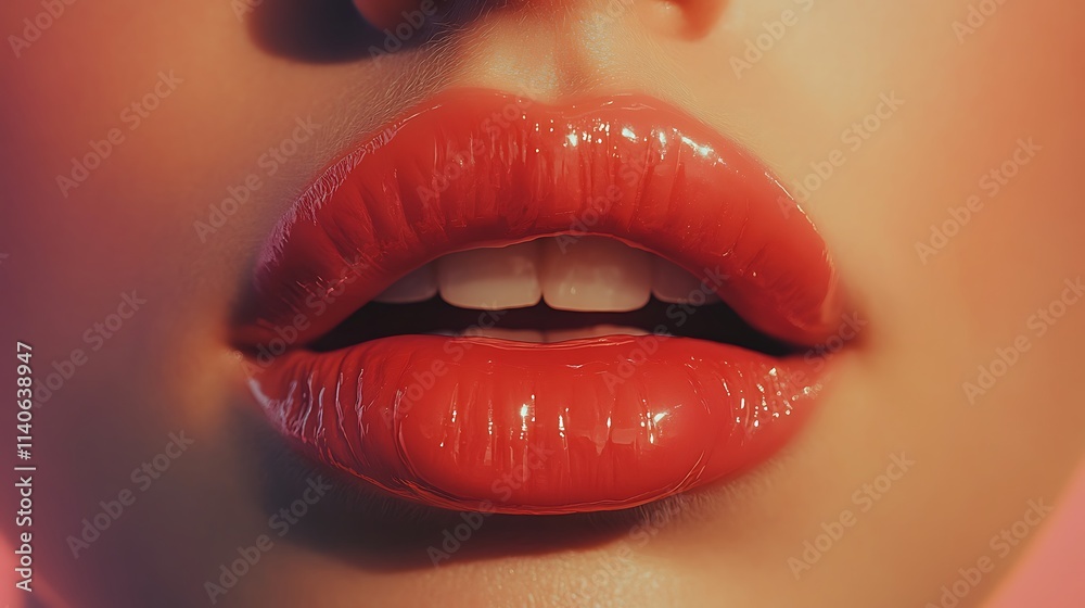 Obraz premium Slightly parted lips in a delicate coral tone, hydrated and glowing with a glossy finish, illuminated by soft natural light, sharp focus on natural folds, with a blurred pastel-toned background,