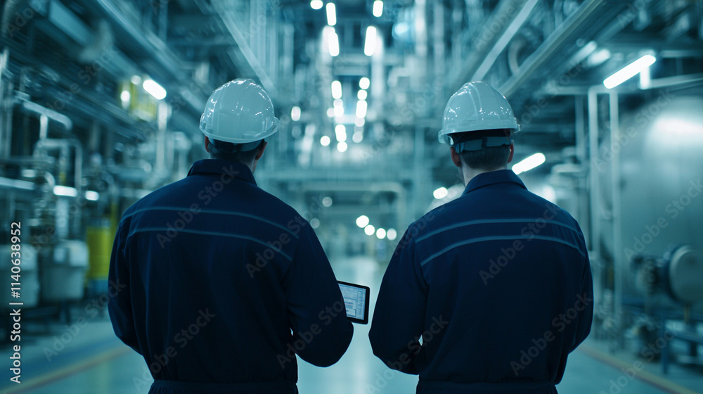 Two engineers in hardhats inspecting a modern industrial facility. Two engineers in hardhats inspecting a modern industrial facility.