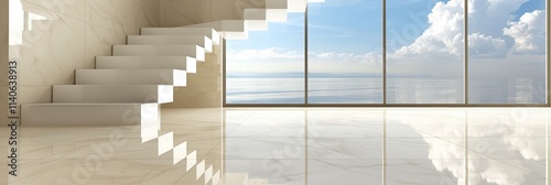 Modern architectural interior featuring a minimalist staircase with large windows overlooking a serene water view, highlighting sleek design and spaciousness