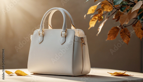 Woman hand bag mockup, white blank beige luxury handbag mockup with soft golden light , leaves and shadows background. Generative AI