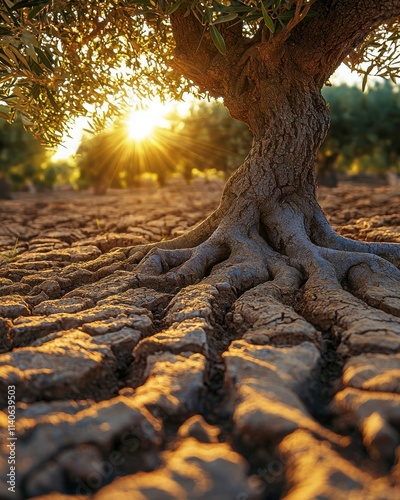 Roots of an Olive Tree with Sunset Glow in an Olive Grove