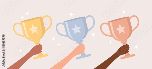 Hands of people of different skin tones holding shiny golden, silver and bronze trophy cups on a beige background, flat vector illustration