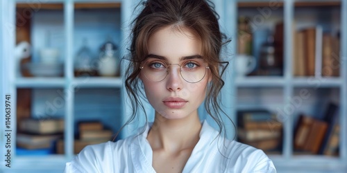 Portrait of a young woman with glasses standing in front of a bookshelf, wearing a white shirt, exuding confidence and intelligence in a serene library setting