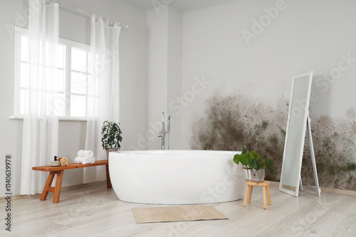 Tablou pe pânză Interior of light room with bathtub, plants and mirror