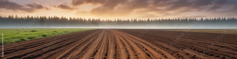 Field with half-plowed earth and misty strip of forest in the distance, autumn landscape, countryside, golden light