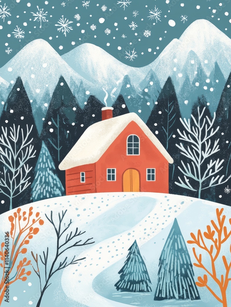 Fototapeta premium Pastel Winter Wonderland Christmas Cabin - A cozy red cabin nestled in a snowy mountain landscape, symbolizing peace, warmth, festive cheer, winter tranquility, and holiday spirit.