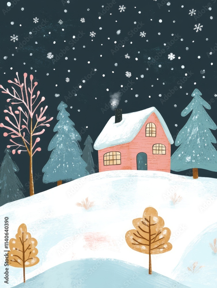 Fototapeta premium Pastel Winter Wonderland Cottage Scene - A cozy pink cottage sits on a snowy hill under a starlit sky, symbolizing peace, warmth, comfort, joy, and the magic of winter.