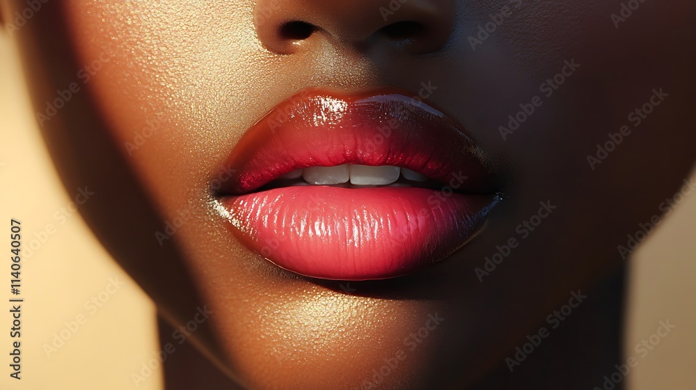 Obraz premium Slightly parted lips in a soft pink pearlescent gloss, natural textures highlighted under soft sunlight, sharp details with a blurred cream-colored background, minimalistic and elegant design.