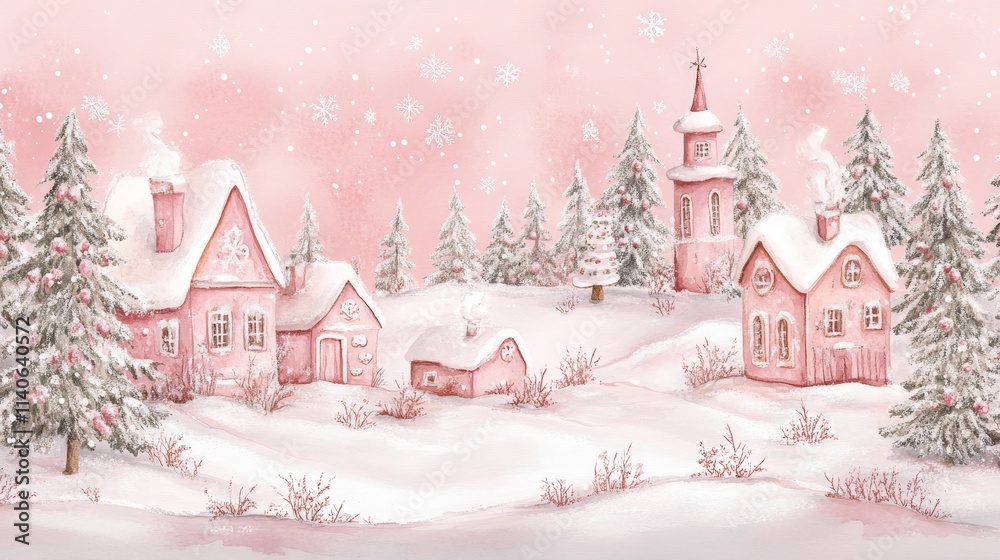Naklejka premium Pink Pastel Winter Wonderland Village - Peaceful pink Christmas village scene. Snow covered houses, church, trees. Winter wonderland, festive holiday, cozy atmosphere.