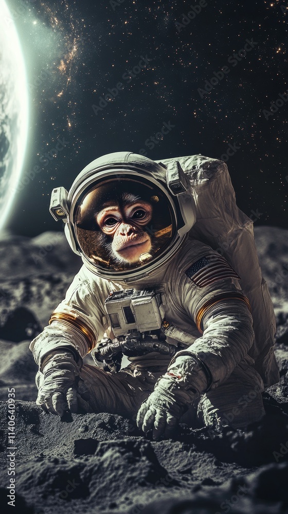 Monkey astronaut exploring moon surface near earth