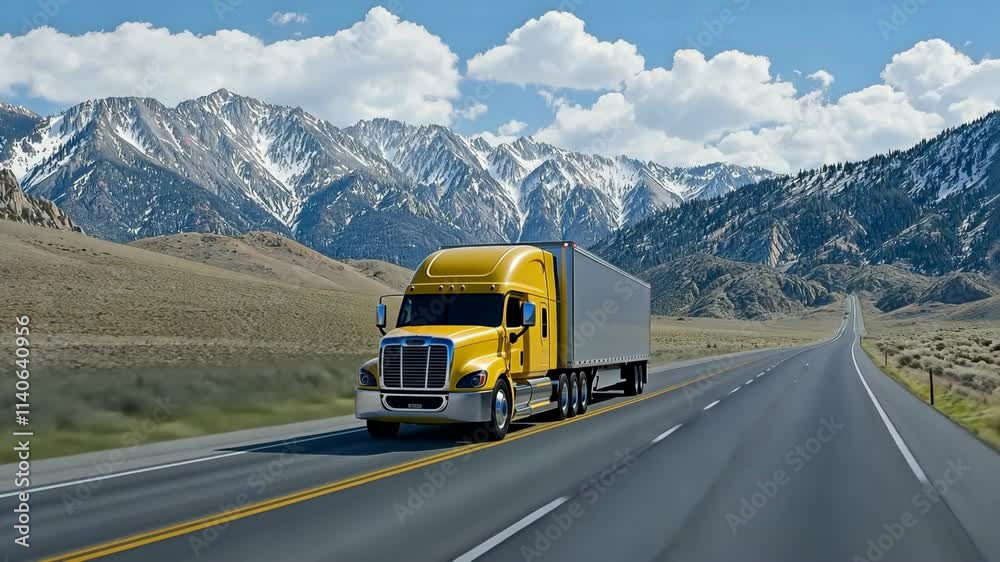 A yellow semi truck is driving down a road in front of a mountain range. The truck is the main focus of the image, and it is moving quickly. Concept of adventure and excitement A yellow semi truck is driving down a road in front of a mountain range. The truck is the main focus of the image, and it is moving quickly. Concept of adventure and excitement