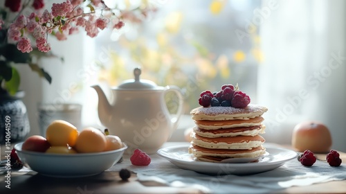 Wallpaper Mural Cozy Modern Table Arrangement Featuring Teapot and Pancakes with Fresh Berries and Fruits in Natural Light, Business Breakfast Torontodigital.ca