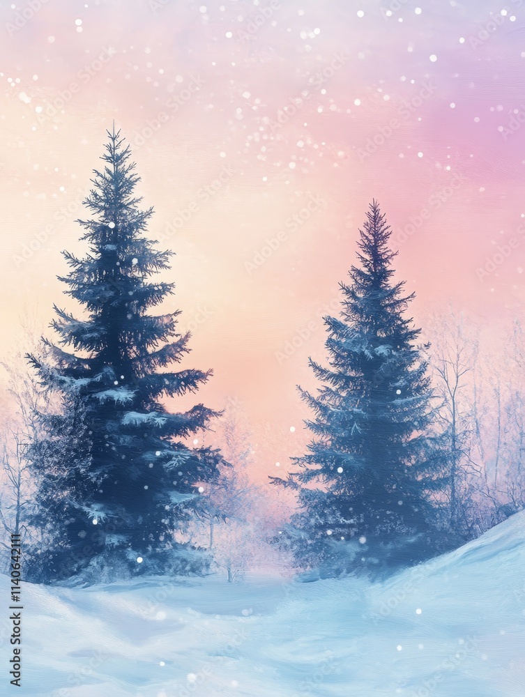 Fototapeta premium Winter Wonderland Pines - Serene winter scene, snowy pines, pastel sunset, falling snow, tranquil nature. Symbolizing peace, serenity, beauty, magic, winter.