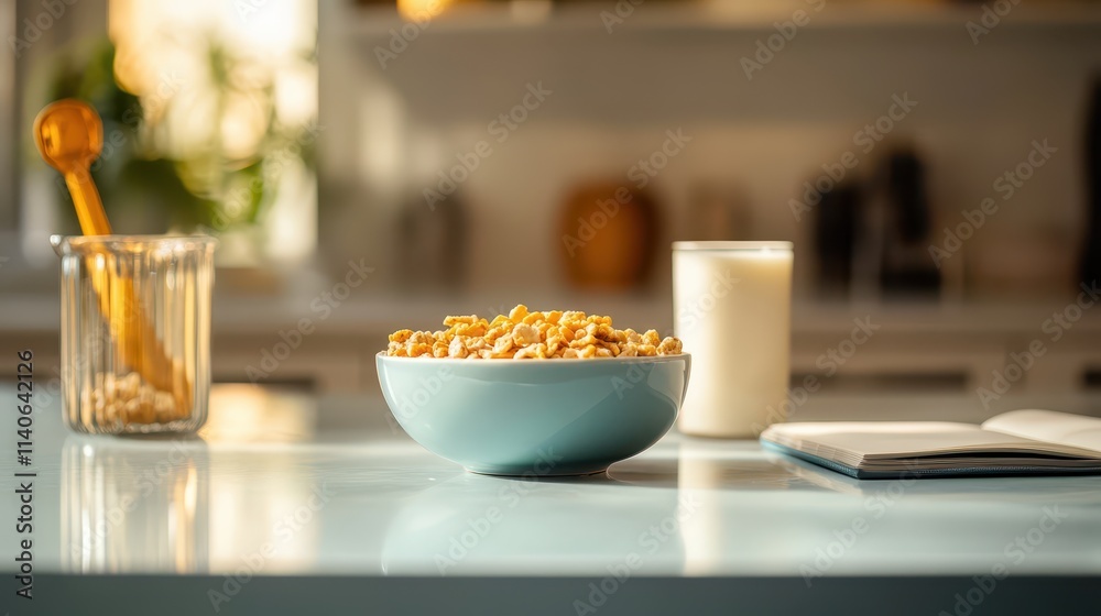 Minimalist Morning Scene with Cereal Bowl, Milk Glass, and Open Notebook on Bright Kitchen Table, Business Breakfast Minimalist Morning Scene with Cereal Bowl, Milk Glass, and Open Notebook on Bright Kitchen Table, Business Breakfast