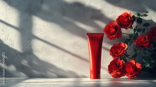 Fototapeta Naklejka Na Ścianę i Meble -  A red hand cream tube sits in front of an elegant rose vase taken from above. The background is a plain wall that creates sad shadows and highlights details with cold and sentimental gray lights.