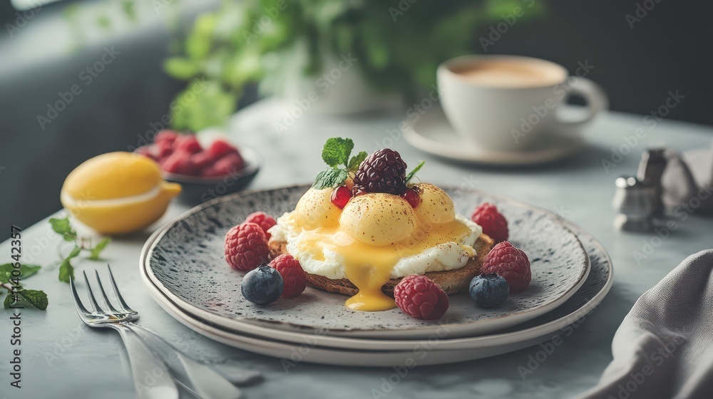 Modern Table Arrangement with Eggs Benedict, Fresh Berries, and Coffee in Cozy Indoor Setting, Business Breakfast Modern Table Arrangement with Eggs Benedict, Fresh Berries, and Coffee in Cozy Indoor Setting, Business Breakfast