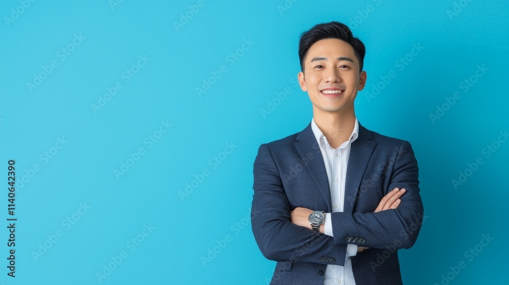 Confident asian businessman on blue