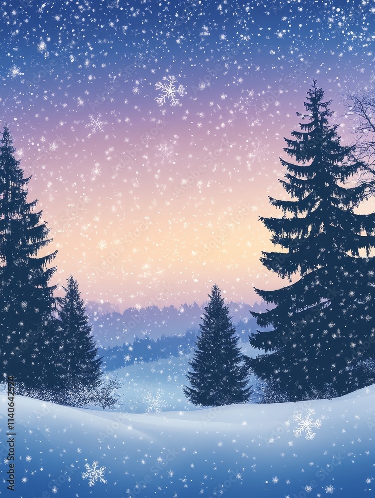 Obraz premium Winter Wonderland Landscape - Serene winter scene, snow falling, trees, mountains, peaceful atmosphere, soft light.