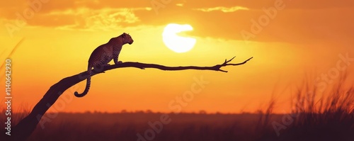 Leopard resting on branch at sunset in african savanna