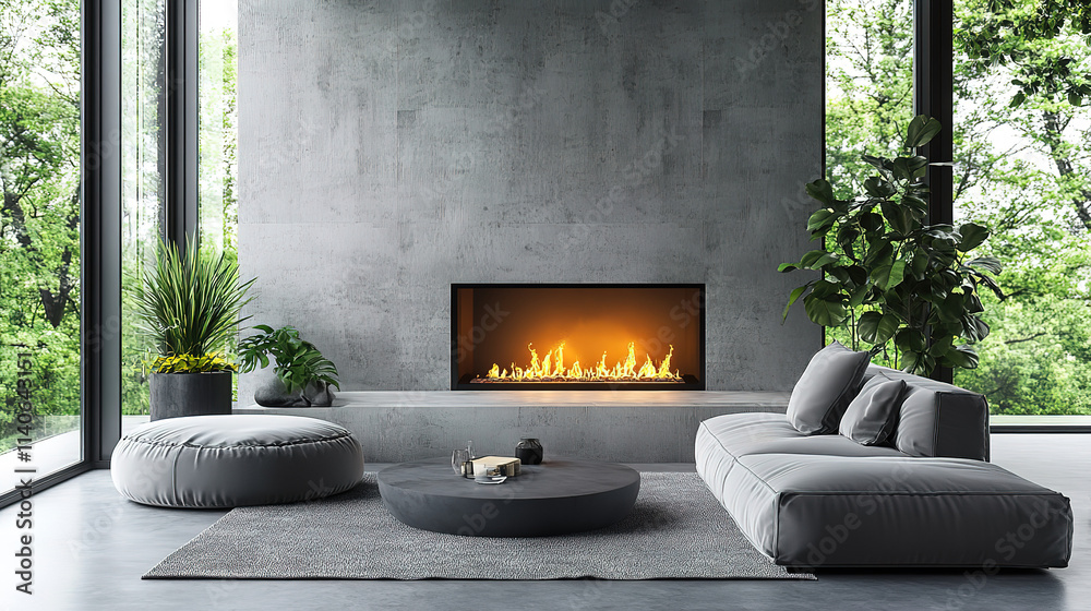 Cozy Modern Living Room in Scandinavian Style with Gray Sofa and Fireplace Cozy Modern Living Room in Scandinavian Style with Gray Sofa and Fireplace