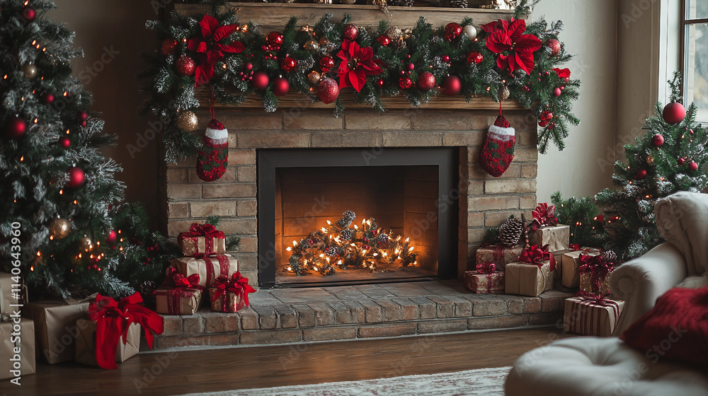 fireplace with christmas decorations
