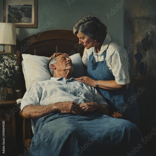 Pillow adjustment in hospice by lady in blue