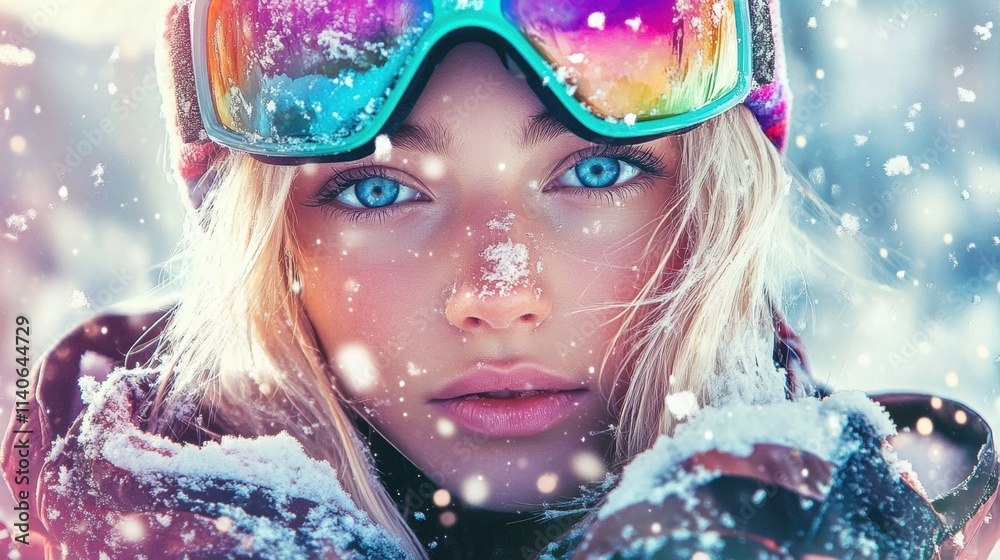 A close-up portrait of a beautiful blonde woman with piercing blue eyes, wearing colorful ski goggles and a winter jacket. She stands in snowy weather at a ski resort, snowflakes settling on her face A close-up portrait of a beautiful blonde woman with piercing blue eyes, wearing colorful ski goggles and a winter jacket. She stands in snowy weather at a ski resort, snowflakes settling on her face