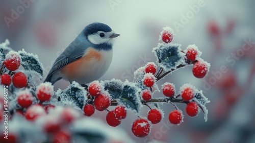 A bird perched on a frosty holly branch with bright red berries. photo