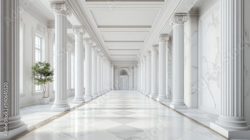 3d rendering white corridor pillars background,Marble pillars building detail