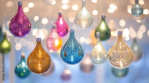 a bunch of colorful glass ornaments hanging from a ceiling
