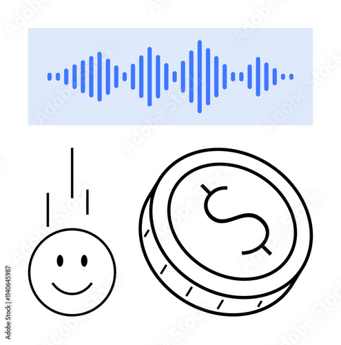 Audio wave, happy face, and coin represent sound, happiness, and currency. Ideal for finance, communication, marketing business podcasting customer service e-learning. Line metaphor