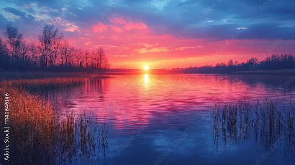 Serene Sunset Over Calm Lake with Vibrant Hues Serene Sunset Over Calm Lake with Vibrant Hues