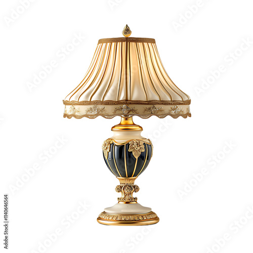 Elegant vintage table lamp with a gold-trimmed pleated shade and ornate black-and-gold base. Perfect for luxury interiors and classic decor. Transparent PNG. photo