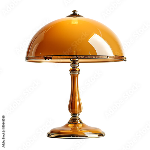 Vintage dome-shaped table lamp with a glossy amber shade and gold metallic base. Ideal for classic interiors, study rooms, and luxury decor. Transparent PNG.