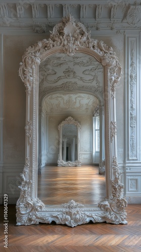 Intricately Designed Ornate Full-Length Mirror in Luxurious Vintage Room with Detailed Molding and Hardwood Floors Creating Captivating Reflections