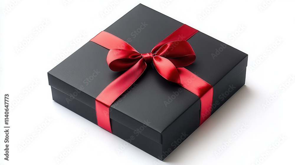 Obraz premium A sleek matte black gift box with a fiery red satin ribbon tied in a luxurious oversized bow, isolated cleanly on a white background, crisp details of ribbon folds and subtle textures of the box empha