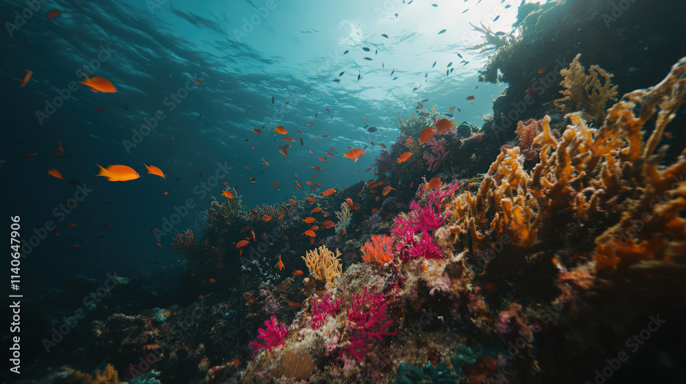 Vibrant underwater coral reef scene, teeming with life and showcasing beauty of ocean. sense of serenity and wonder permeates image Vibrant underwater coral reef scene, teeming with life and showcasing beauty of ocean. sense of serenity and wonder permeates image